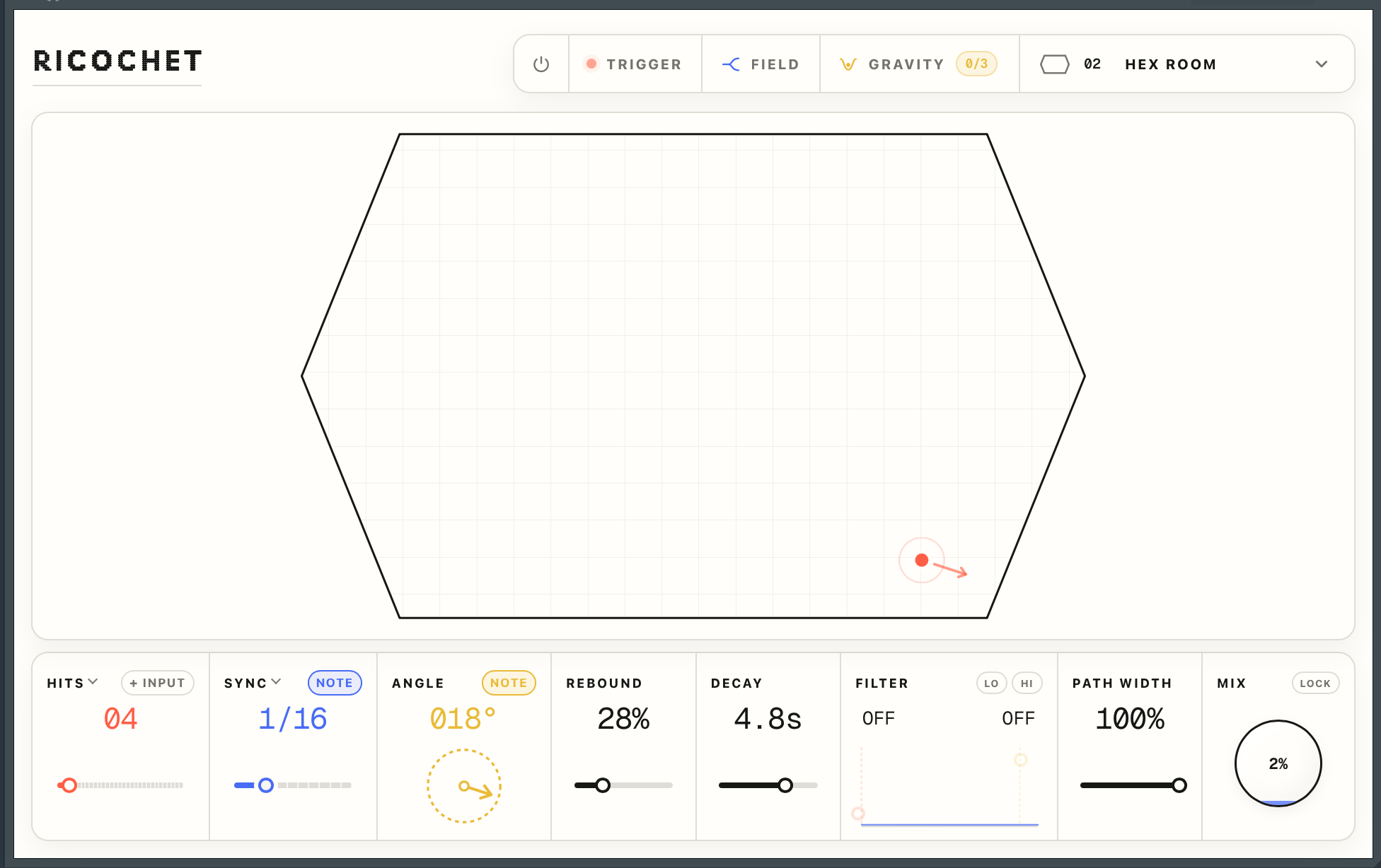 The complete Ricochet plugin interface showing its chamber, trigger controls, and delay controls